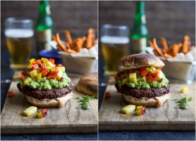 Smoky Avocado Burgers topped with a Pineapple Pepper Relish! These burgers don't run short on flavor, they are juicy, tender, mouthwatering basically everything you want in a Burger + more! | joyfulhealthyeats.com
