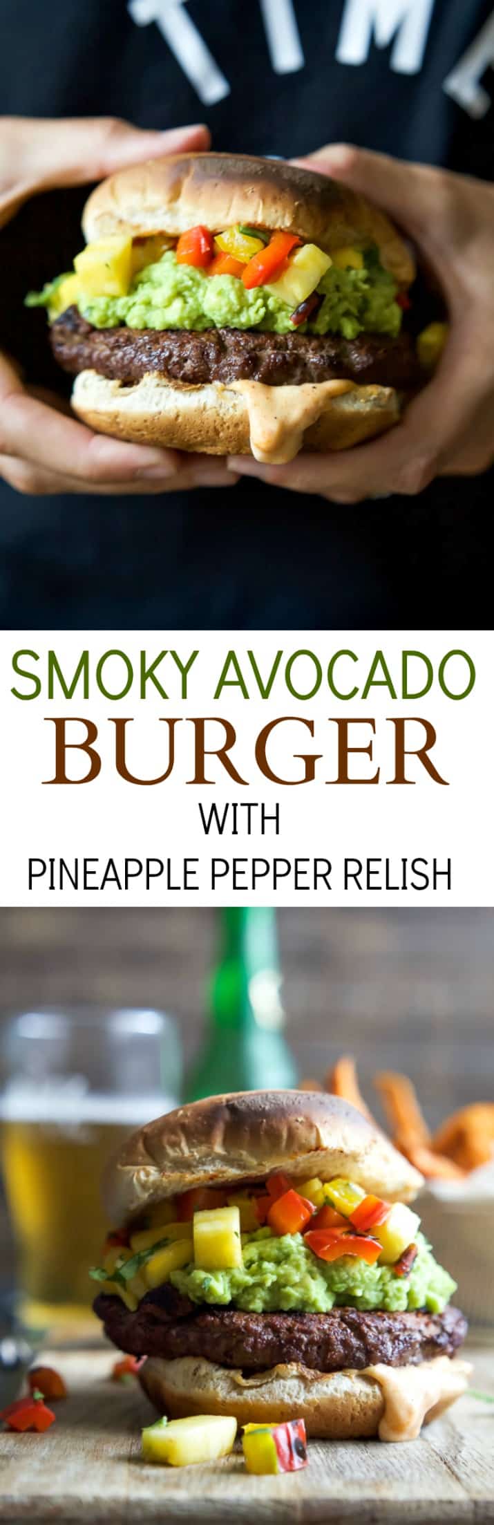 Smoky Avocado Burgers topped with a Pineapple Pepper Relish! These burgers don't run short on flavor, they are juicy, tender, mouthwatering basically everything you want in a Burger + more! | joyfulhealthyeats.com