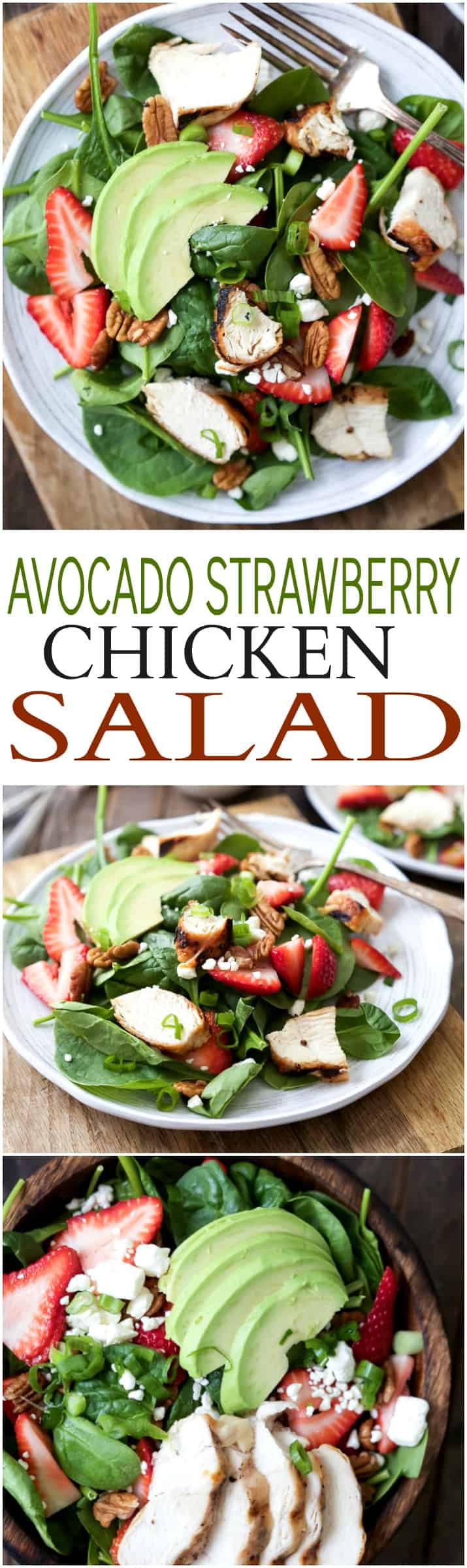 Strawberry Avocado Chicken Salad filled with fresh Berries, Feta, creamy Avocado, and Grilled Chicken. This light salad is topped with a healthy balsamic vinaigrette. The perfect healthy salad option for the summer, bring on the swimsuits! | joyfulhealthyeats.com #glutenfree