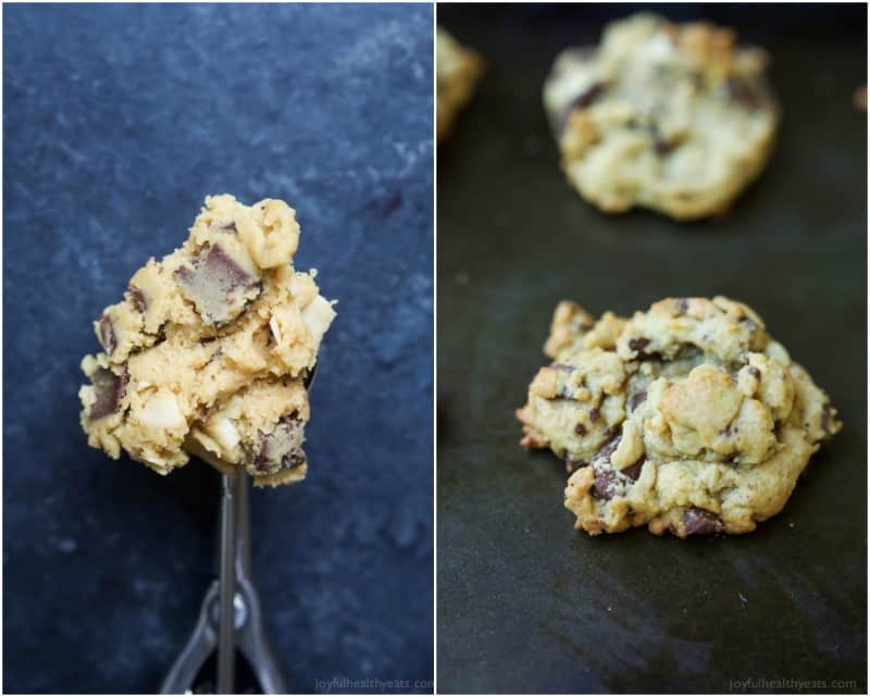 Toasted Coconut Chocolate Chunk Cookies that are soft, chewy, oozing with chocolate goodness all while using LESS butter and sugar! I guarantee you'll want to hoard these cookies! | joyfulhealthyeats.com 