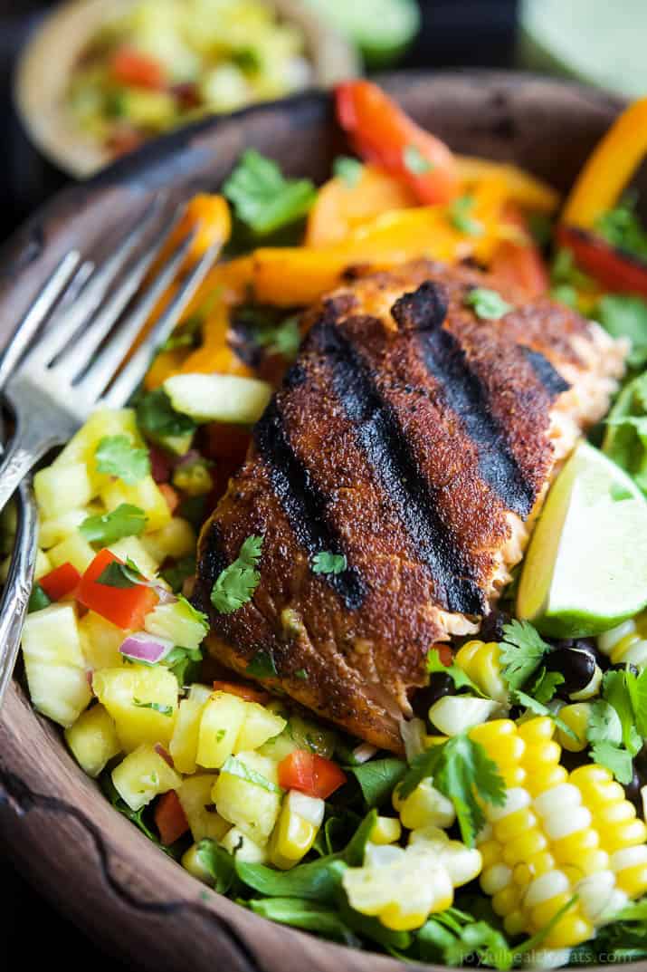 Blackened Grilled Salmon Salad with Pineapple Salsa | Easy Healthy Recipes