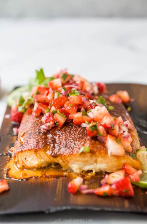 Grilled salmon with strawberry salsa.