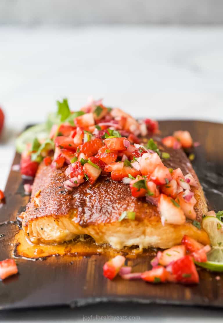 Grilled salmon with strawberry salsa.