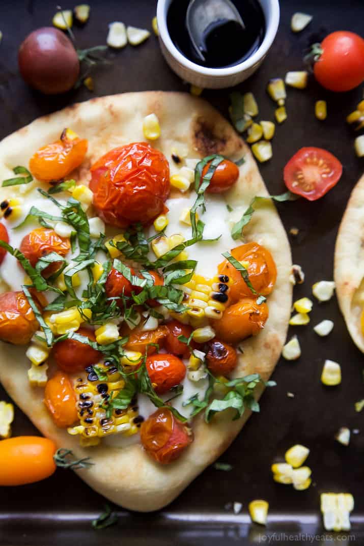 Top view of Charred Corn Caprese Flatbread