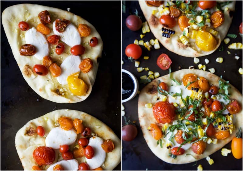 Charred Corn Caprese Flatbread ingredients being layered over the crust