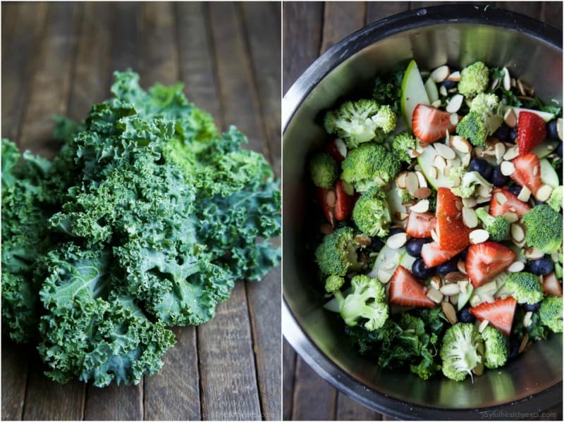 Fresh kale and Detox Summer Salad ingredients in a mixing bowl