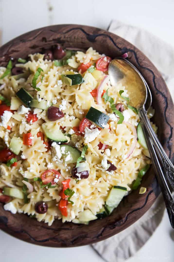 Top view of Greek Pasta Salad in a serving bowl