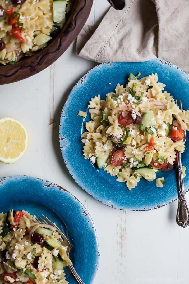 Top view of bowls of Greek Pasta Salad