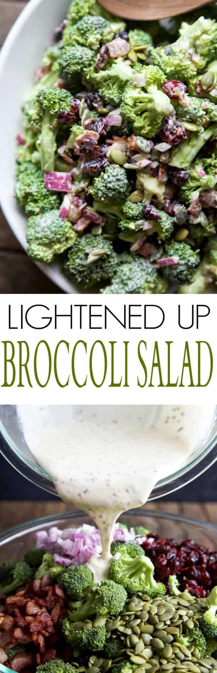 Lightened up Broccoli Salad filled with fresh broccoli, cranberries, red onion, pepitas, BACON, and creamy dressing make with greek yogurt! This salad will be a hit and you'll love the short cut I take! | joyfulhealthyeats.com #glutenfree