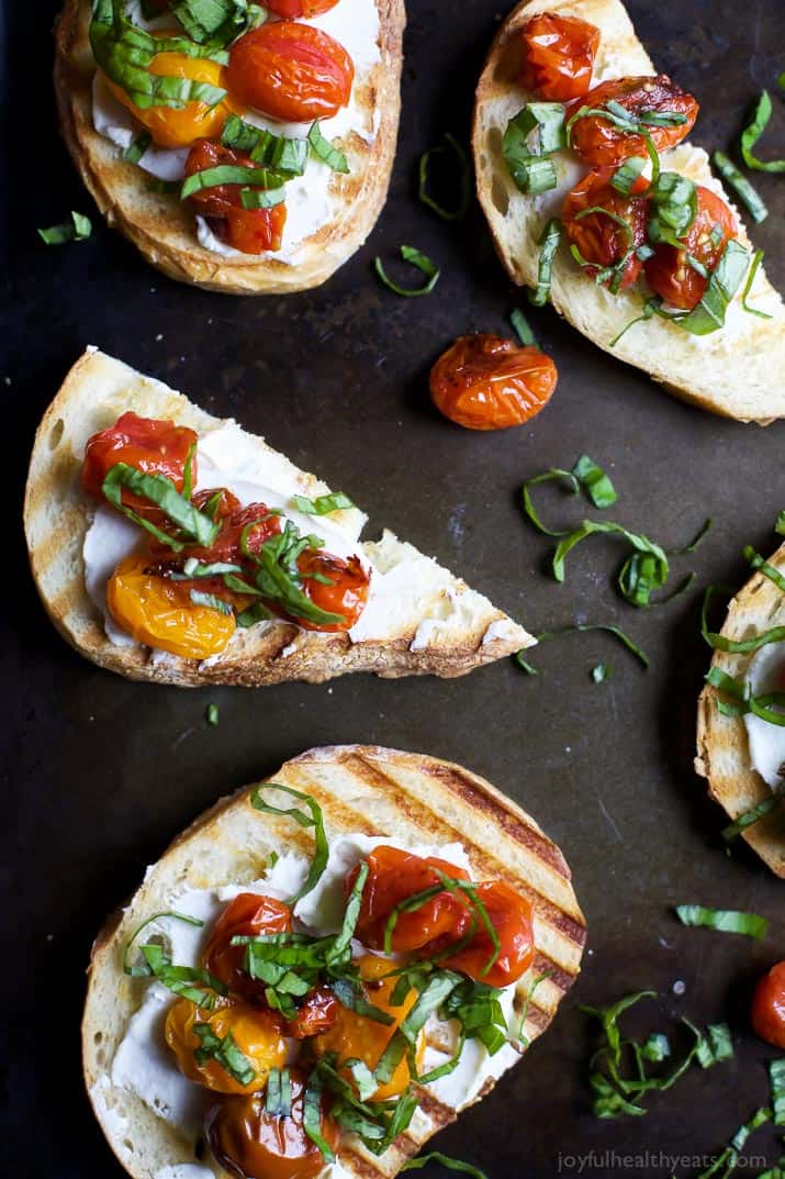 Roasted Tomato Bruschetta with Whipped Goat and a Balsamic Reduction Drizzle - an appetizer that everyone will love and only takes minutes to make! | joyfulhealthyeats.com