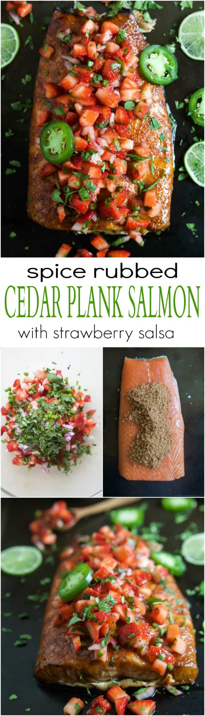 Spice Rubbed Cedar Plank Salmon topped with a refreshing Strawberry Salsa. This Salmon is the ultimate summer main dish and definitely a crowd pleaser! | joyfulhealthyeats.com #glutenfree