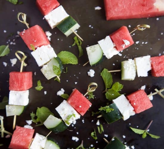 Watermelon Feta Bruschetta, the easiest appetizer recipe you'll ever make! Watermelon, Cucumber, and Feta Cheese all skewered together and topped with a sweet Balsamic Reduction that'll blow your mind. A must this summer! | joyfulhealthyeats.com #glutenfree