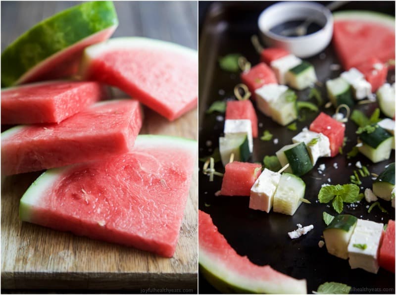 Watermelon Feta Bruschetta, the easiest appetizer recipe you'll ever make! Watermelon, Cucumber, and Feta Cheese all skewered together and topped with a sweet Balsamic Reduction that'll blow your mind. A must this summer! | joyfulhealthyeats.com #glutenfree