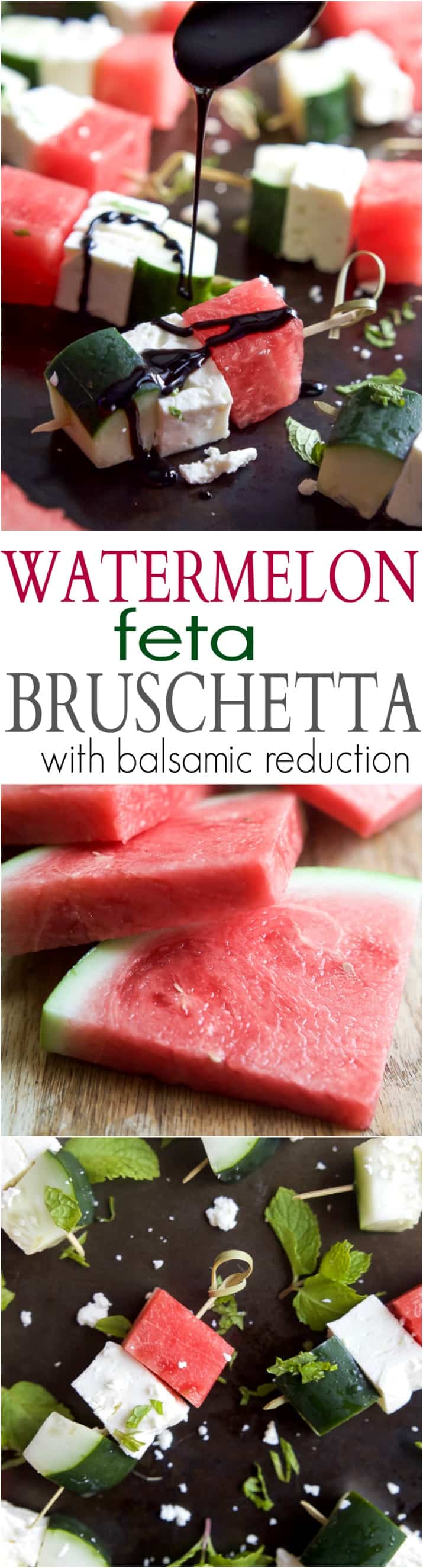 Watermelon Feta Bruschetta, the easiest appetizer recipe you'll ever make! Watermelon, Cucumber, and Feta Cheese all skewered together and topped with a sweet Balsamic Reduction that'll blow your mind. A must this summer! | joyfulhealthyeats.com #glutenfree