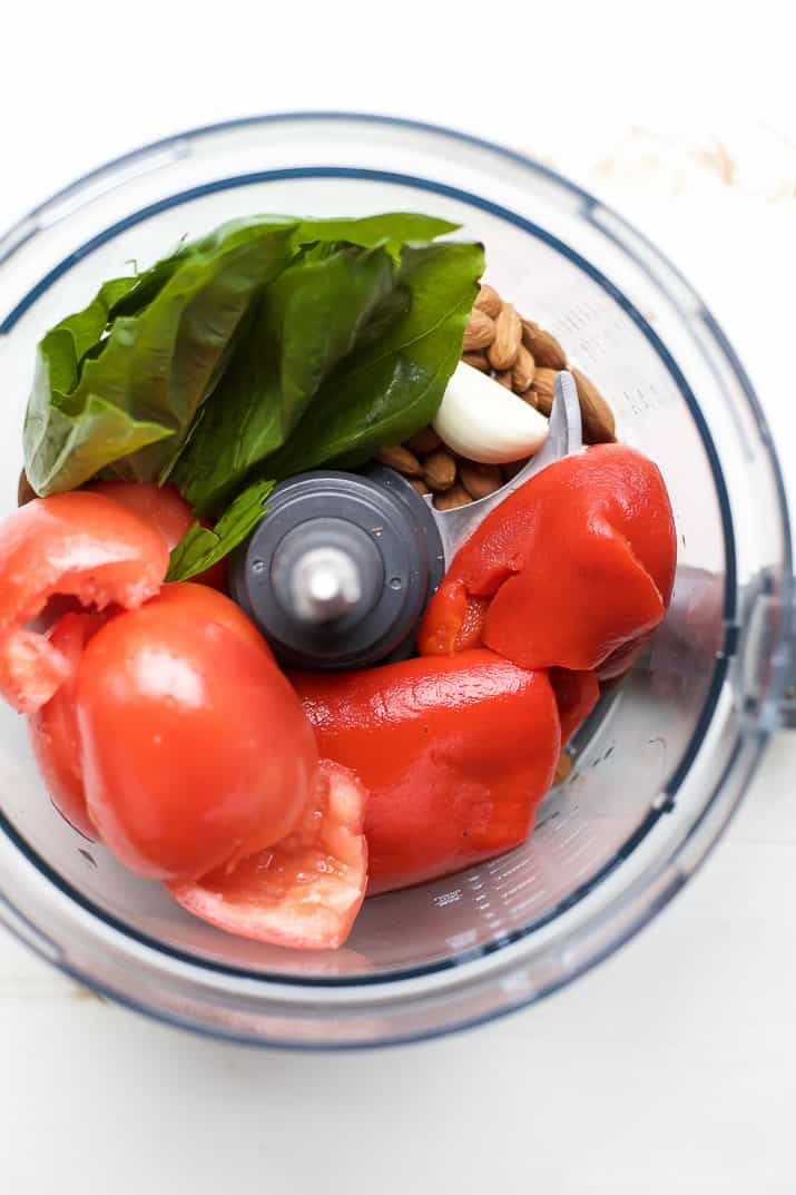 Romesco Sauce ingredents in a food processor bowl