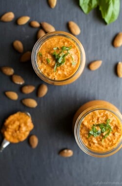 Quick & Easy 5 Minute Romesco Sauce, this spanish sauce is pure magic. You can use it as a marinade, condiment, dip or just eat it with a spoon! Made from just 7 ingredients in a blender this sauce comes together in minutes! | joyfulhealthyeats.com #paleo #glutenfree