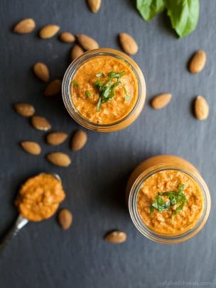 Quick & Easy 5 Minute Romesco Sauce, this spanish sauce is pure magic. You can use it as a marinade, condiment, dip or just eat it with a spoon! Made from just 7 ingredients in a blender this sauce comes together in minutes! | joyfulhealthyeats.com #paleo #glutenfree