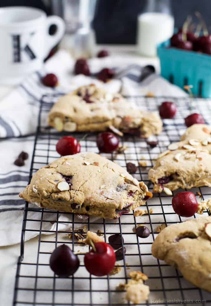 Almond cherry scones on a cooling rack