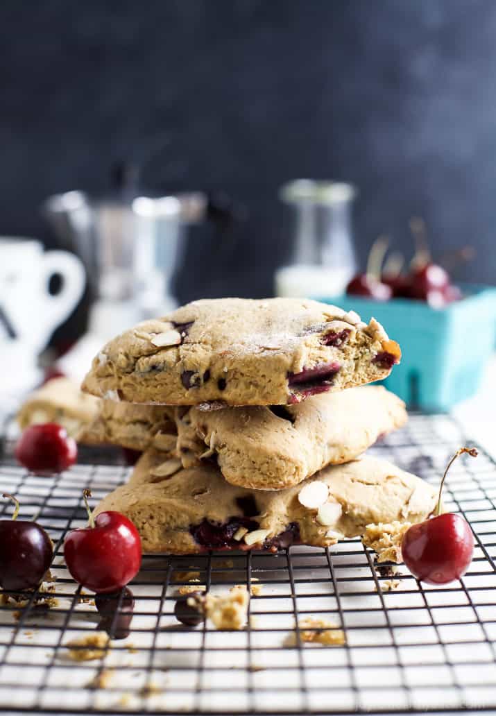 The easiest scone recipe you'll ever make, because it's made in a blender!! Almond Chocolate Cherry Scones, loaded with flavor and CHOCOLATE! These scones are the perfect quick breakfast and your coffees new best friend! | joyfulhealthyeats.com