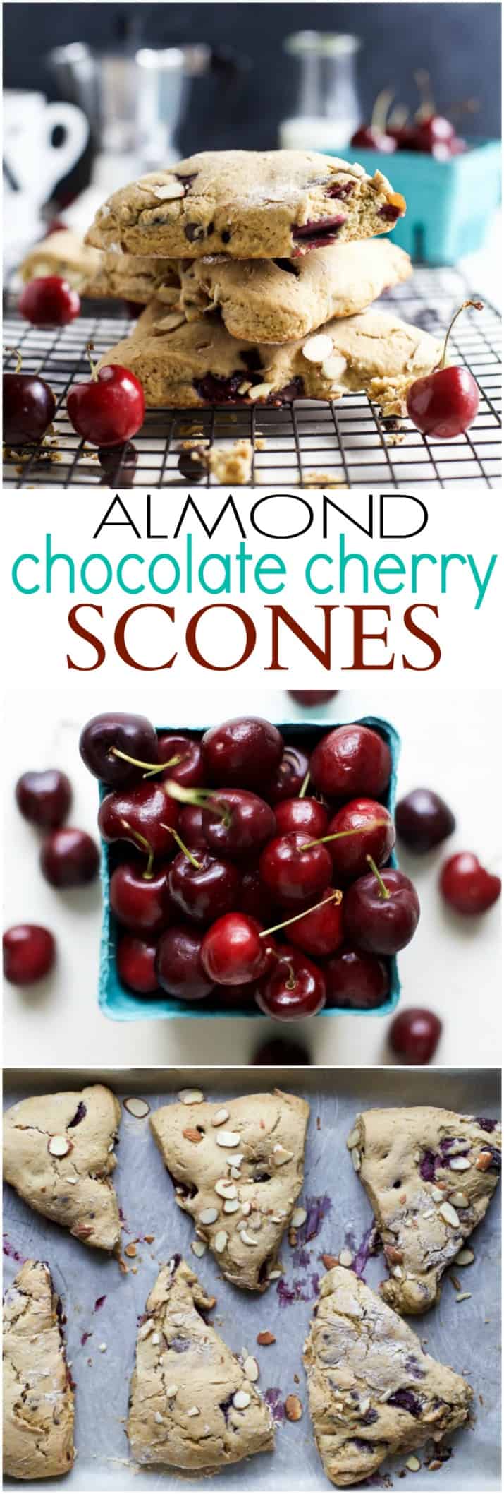 The easiest scone recipe you'll ever make, because it's made in a blender!! Almond Chocolate Cherry Scones, loaded with flavor and CHOCOLATE! These scones are the perfect quick breakfast and your coffees new best friend! | joyfulhealthyeats.com