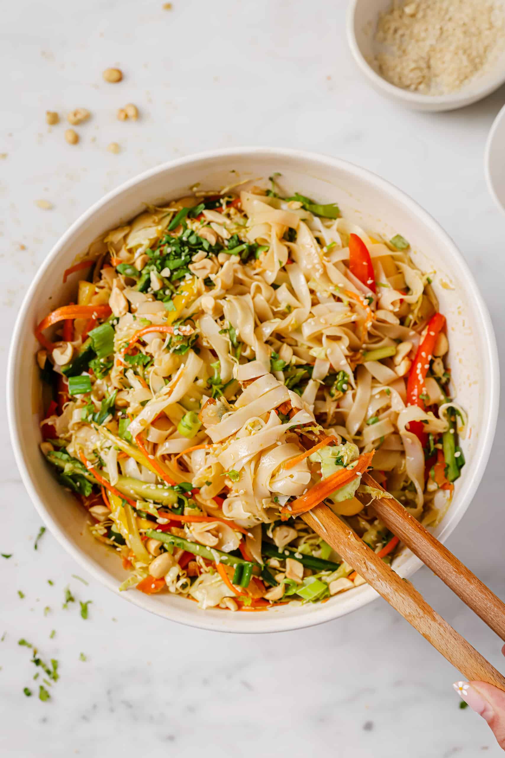 Bowl of Asian rice noodles with veggies.