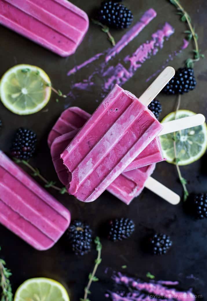 A stack of Blackberry Thyme Yogurt Popsicles