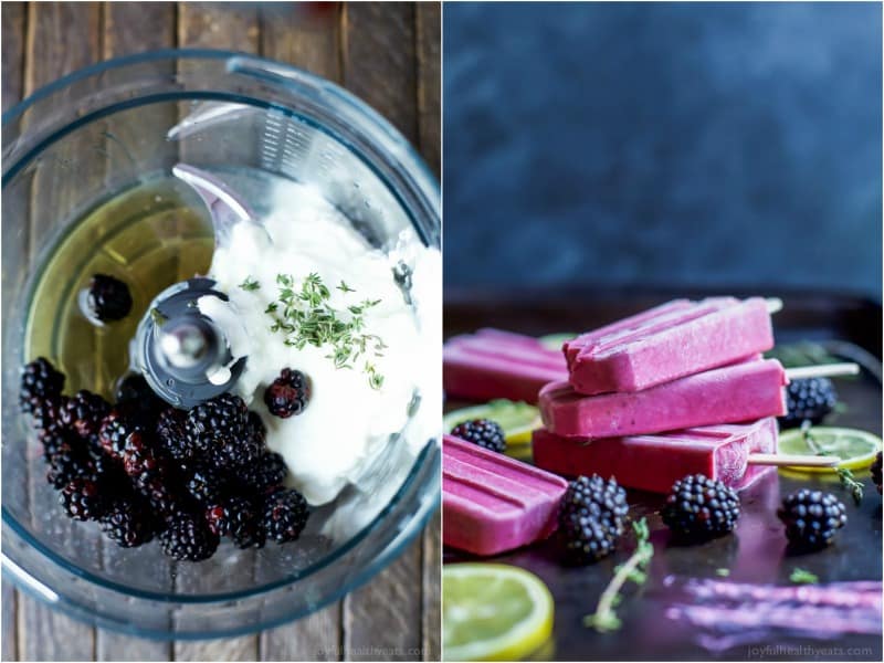 Ingredients for Blackberry Thyme Yogurt Popsicles in a food processor and completed popsicles