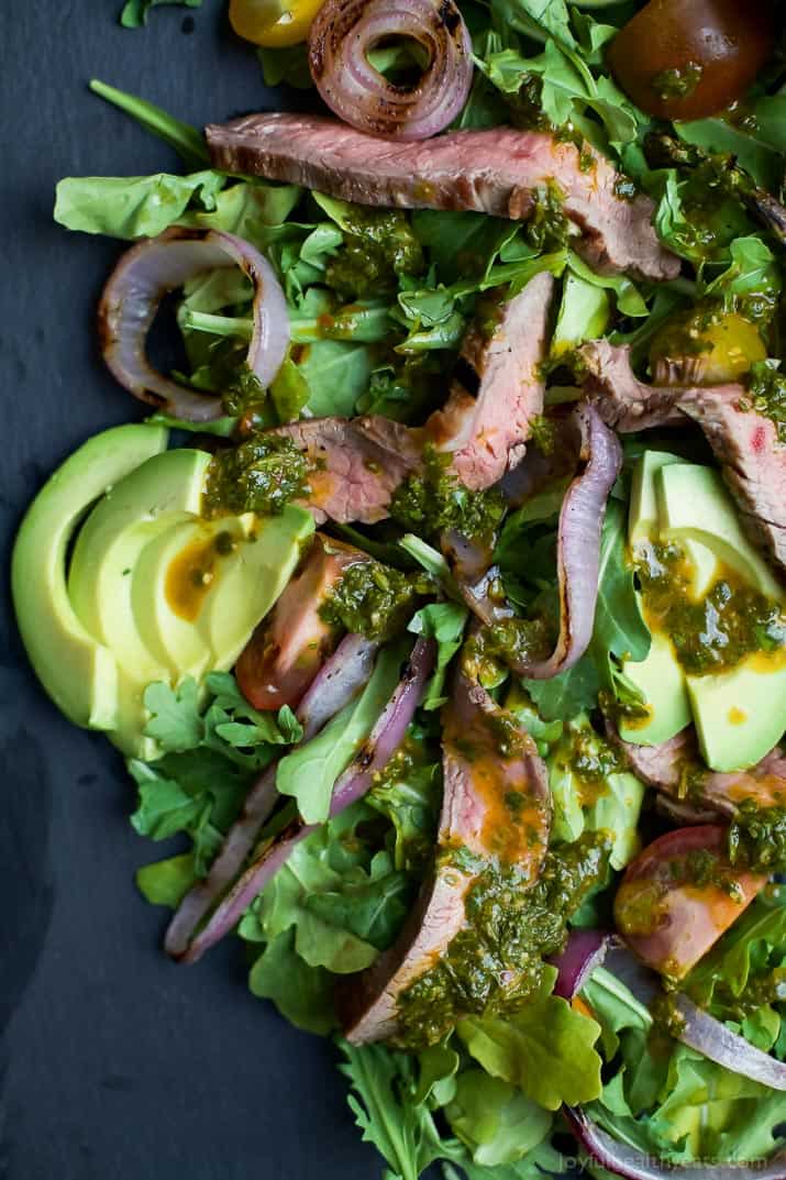 California Steak Salad with avocado, red onion, tomato and Chimichurri Dressing