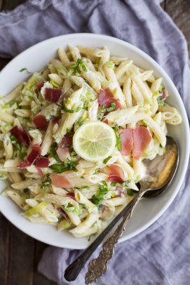 Creamy Lemon Pasta with salty Prosciutto - this pasta recipe is easy to make, filled with flavor, and guaranteed to be a new family favorite! | joyfulhealthyeats.com