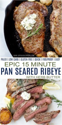 pinterest image for 15 minute pan seared ribeye with herb butter