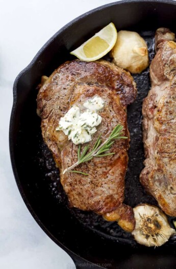 pan seared ribeye in a cast iron skillet