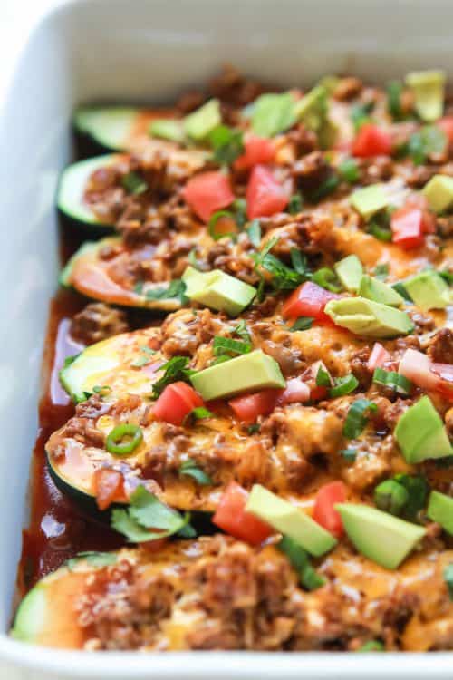 Six Ground Beef Enchilada Zucchini Boats in a Pan