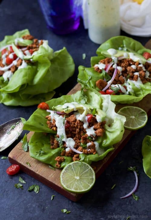 Three Ground Turkey Tacos in Lettuce Wraps with Cilantro Lime Crema
