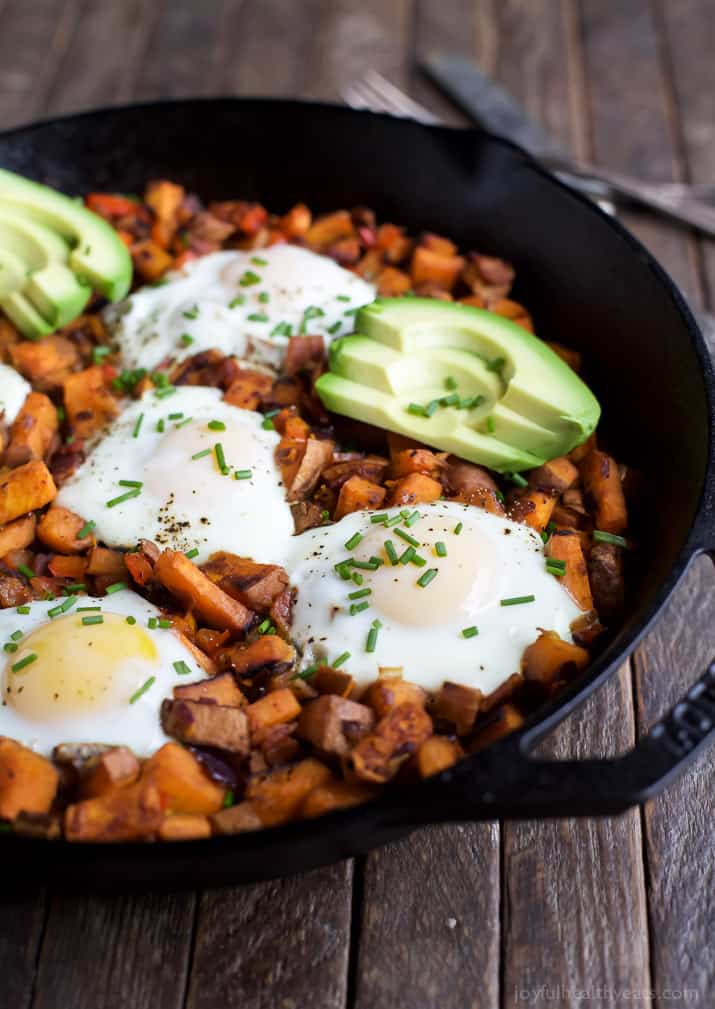 Smoky Bacon Sweet Potato Hash & Eggs - a great 30 minute recipe that's paleo & gluten free! I guarantee you'll want to devour it for breakfast, lunch, and dinner! | joyfulhealthyeats.com