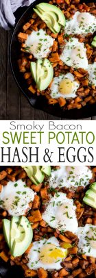A collage of images of Smoky Bacon Sweet Potato Hash & Eggs skillets.