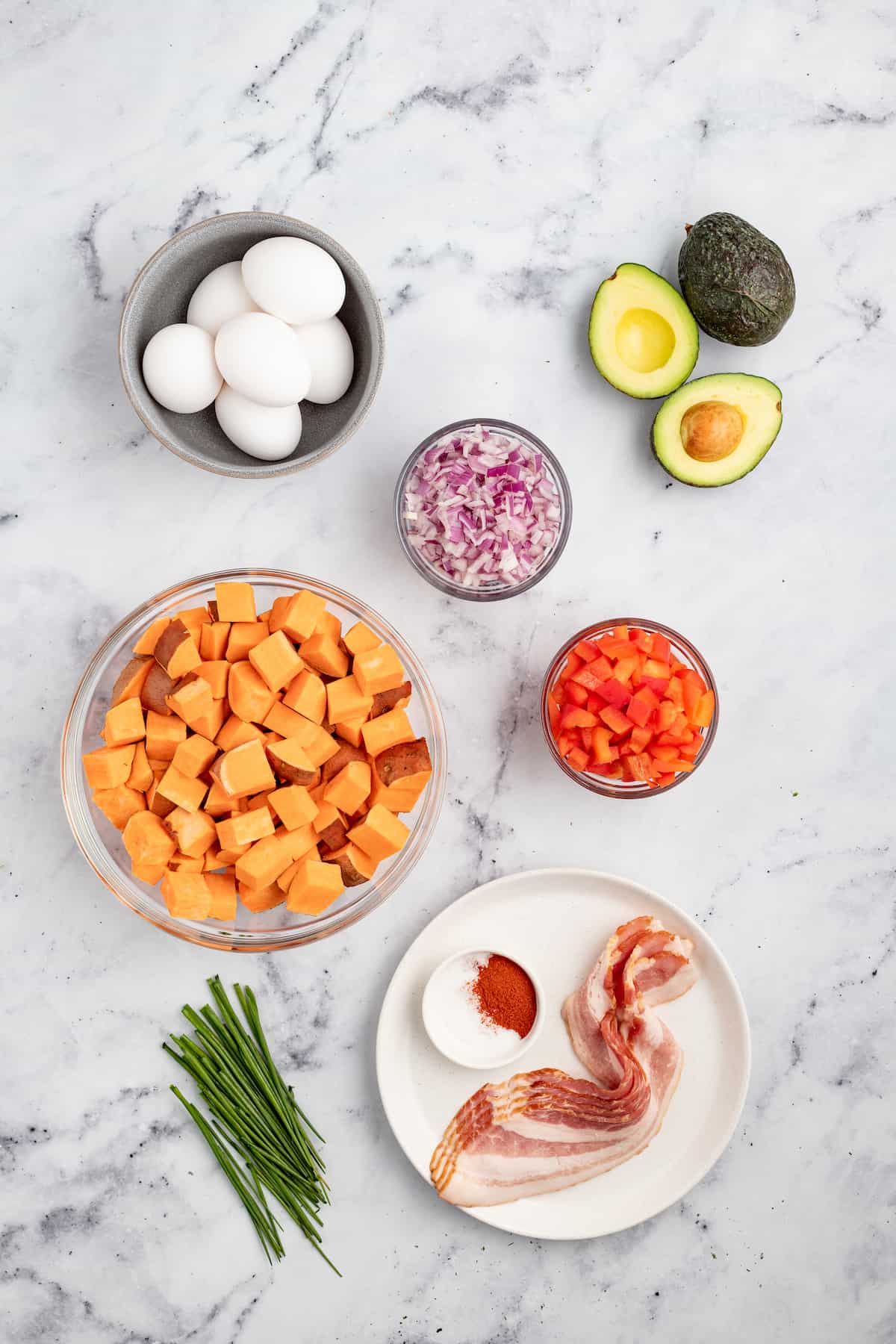 Ingredients for sweet potato hash. 