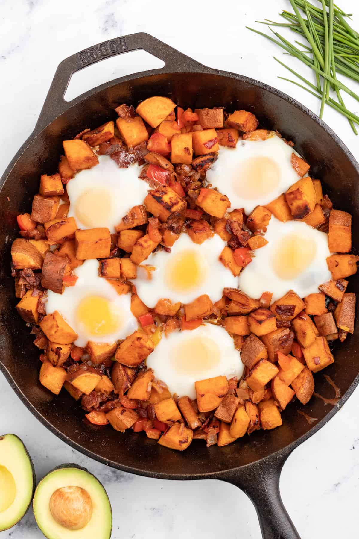 Cooked eggs in the skillet. 