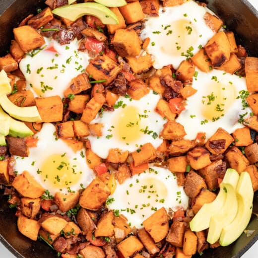 Bacon sweet potato hash recipe in the skillet.