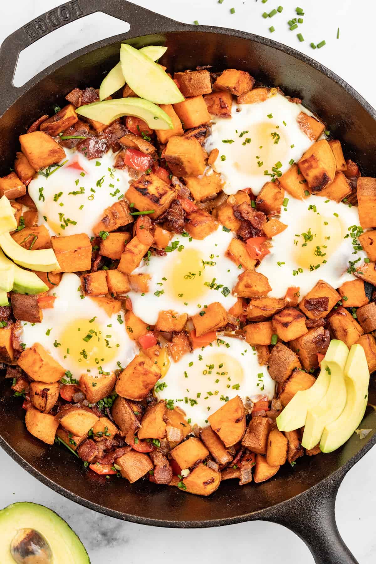 Bacon sweet potato hash recipe in the skillet. 