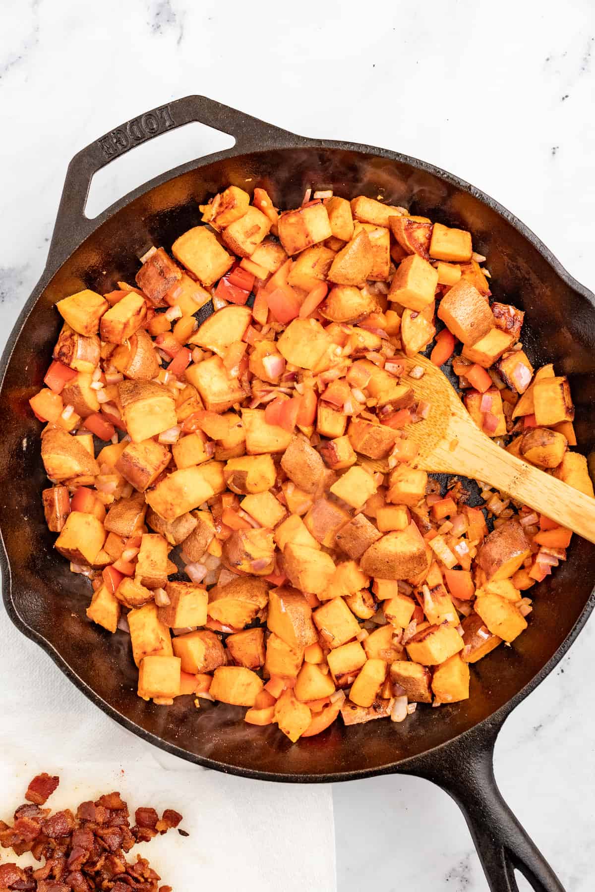 Cooked veggie mixture in the skillet. 