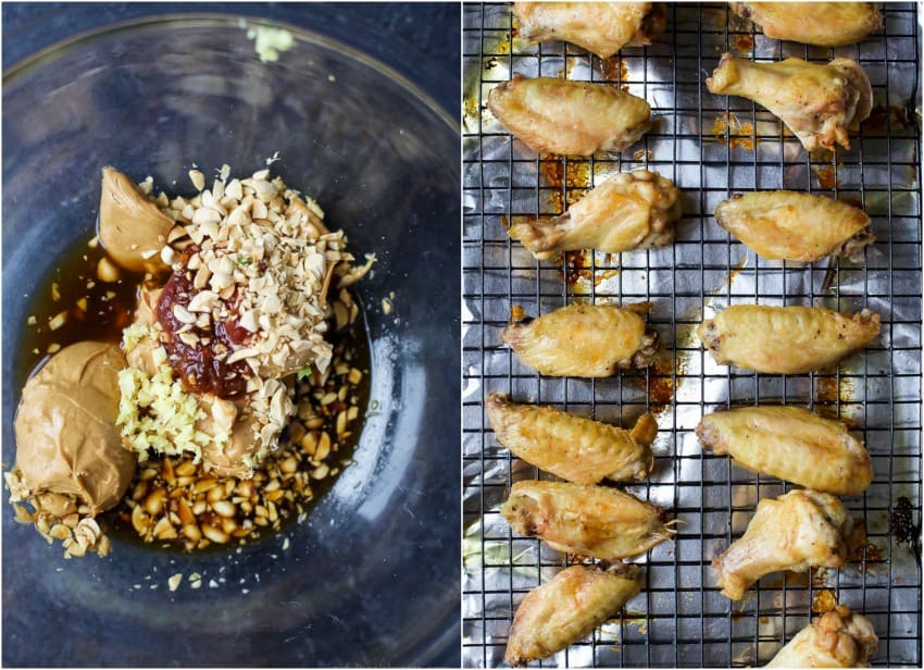 Two side-by-side images showing the sauce ingredients in a bowl and the wings on a wire rack