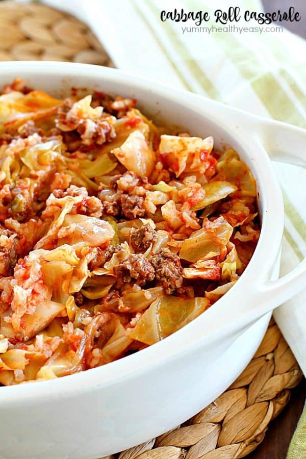 Cabbage Roll Casserole is much easier than making traditional cabbage rolls! This yummy casserole is slowly baked and full of ground beef, rice and cabbage in a light tomato sauce. Hearty, simple to make and delicious!