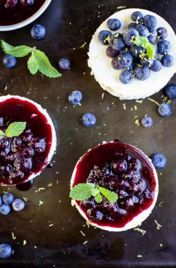 A few mini Goat Cheese Cheesecakes with Blueberry Compote topping.