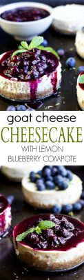 A collage of pictures of Goat Cheese Cheesecake with Lemon Blueberry Compote_LONG