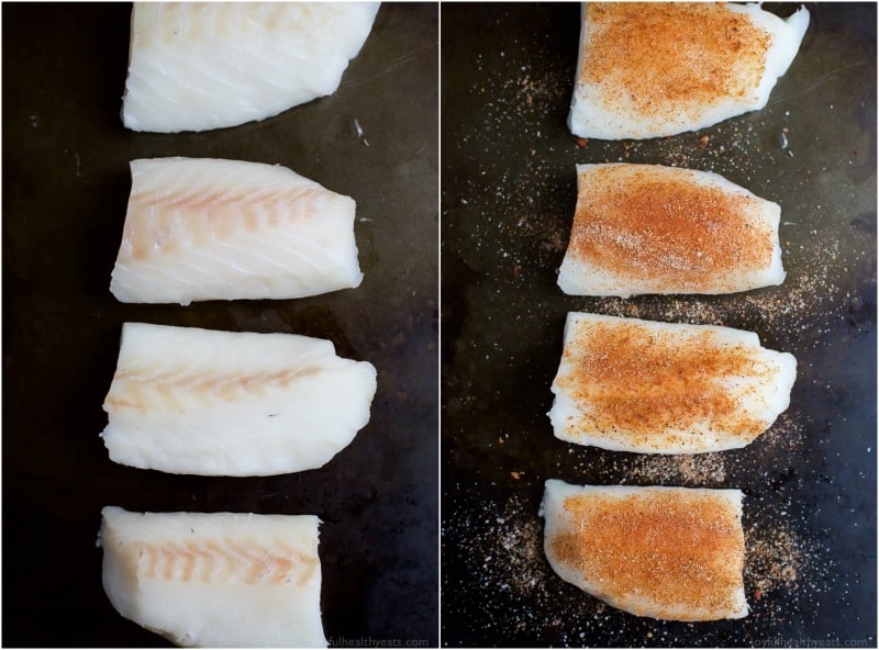 Top view of Uncooked White Fish fillets before and after seasoning