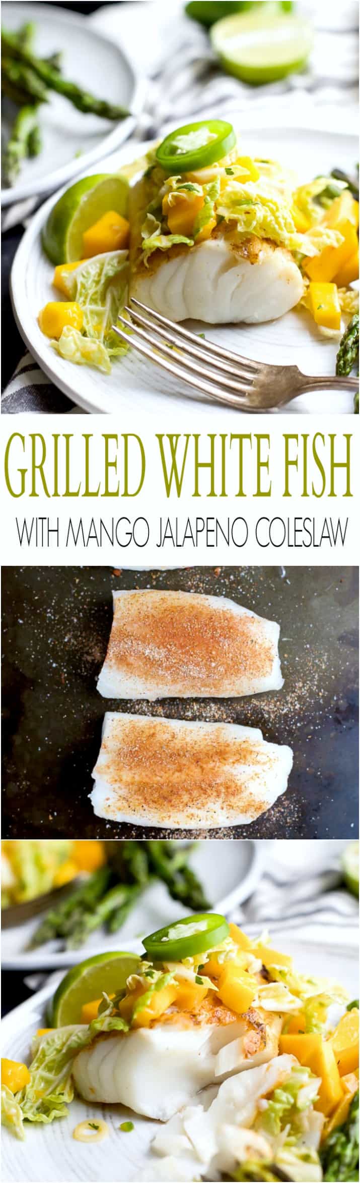 Recipe collage for Grilled White Fish with Mango Jalapeno Coleslaw