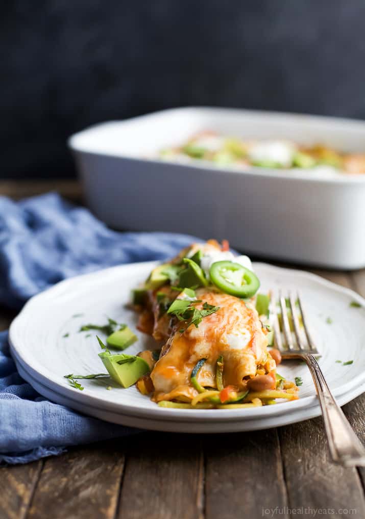 Spiralized Vegetable Enchiladas are a easy light 30 minute meal. Perfect for your next taco night or quick weeknight dinner!