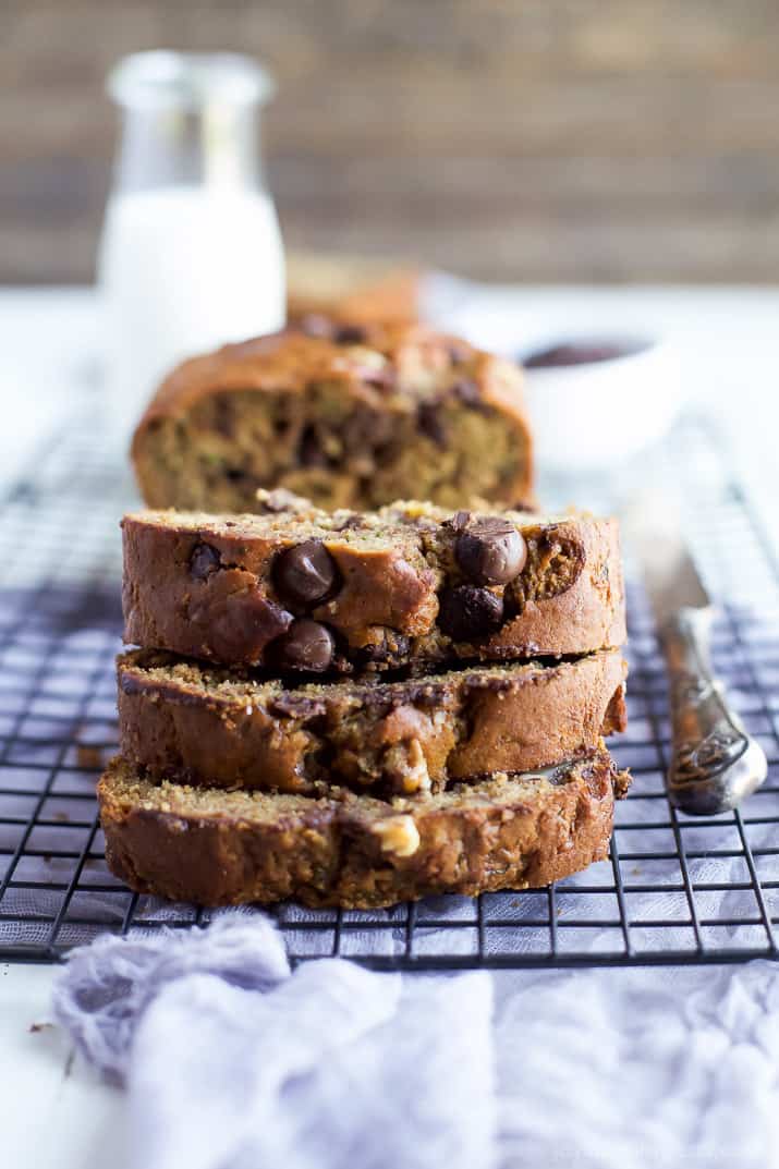 Chocolate Chip Zucchini Bread slices on a cooling rack