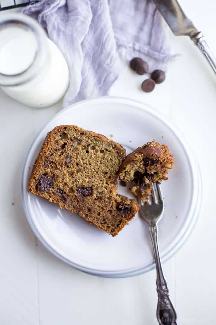 A slice of Chocolate Chip Zucchini Bread on a plate with a fork
