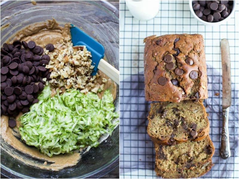 A top-view collage of Chocolate Chip Zucchini Bread ingredients in a bowl and a completed, partially sliced loaf on a cooling rack